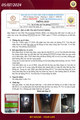 THÔNG TIN VỀ SỰ CỐ CHÁY DO CHẬP ĐIỆN VÀ PHƯƠNG ÁN XỬ LÝ KỊP THỜI TẠI TÒA NHÀ THE EVERRICH INFINITY