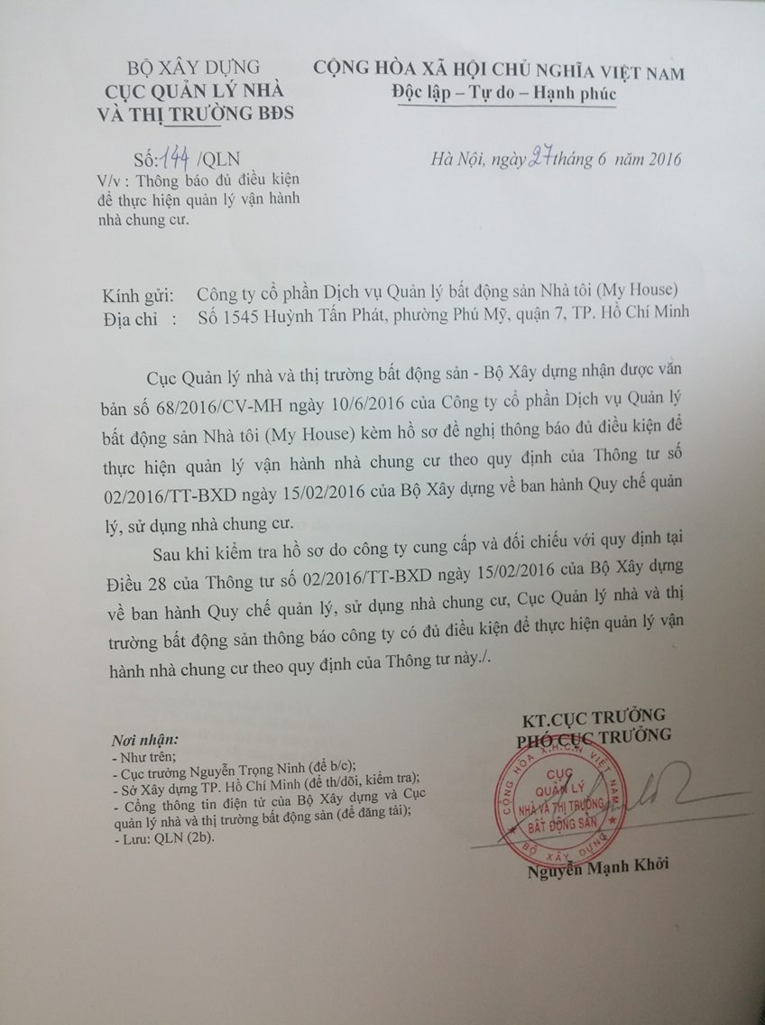 CHỨNG NHẬN CỦA BỘ XÂY DỰNG VỀ ĐIỀU KIỆN QUẢN LÝ CHUNG CƯ
