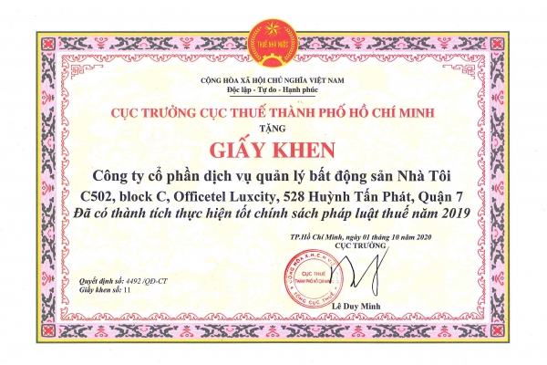 MY HOUSE vinh dự được nhận Giấy khen của Cục thuế TPHCM về thành tích thực hiện tốt chính sách pháp luật thuế năm 2019.